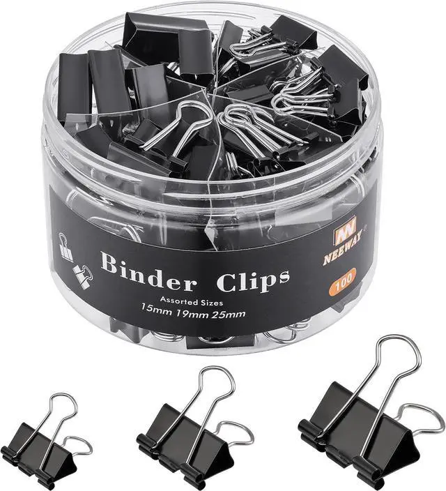 Main image of NEEWAY 100 Count Binder Clips Assorted Sizes, Paper Binder Clips (0.6inch 0.75inch 1inch), Metal Paper Clamps for Office and Home, Black