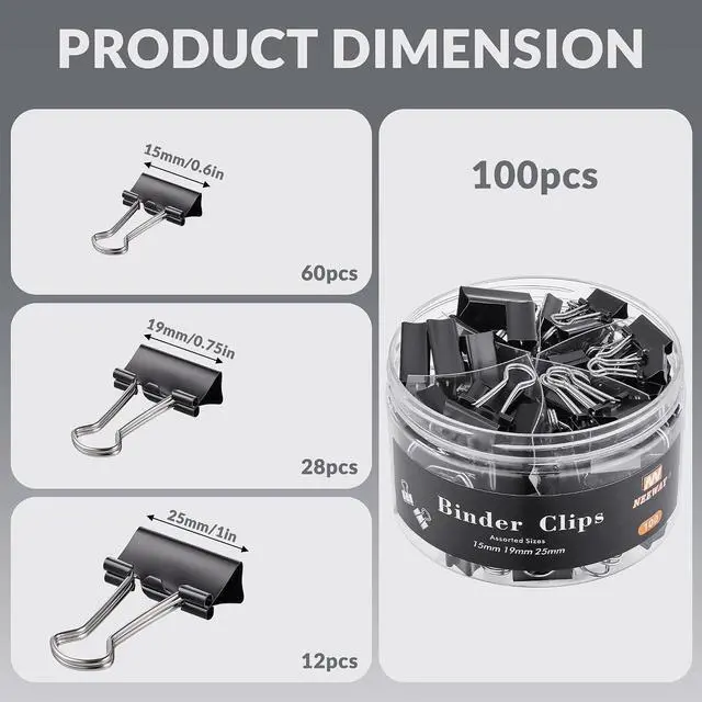 Alt view image 2 of 6 - NEEWAY 100 Count Binder Clips Assorted Sizes, Paper Binder Clips (0.6inch 0.75inch 1inch), Metal Paper Clamps for Office and Home, Black