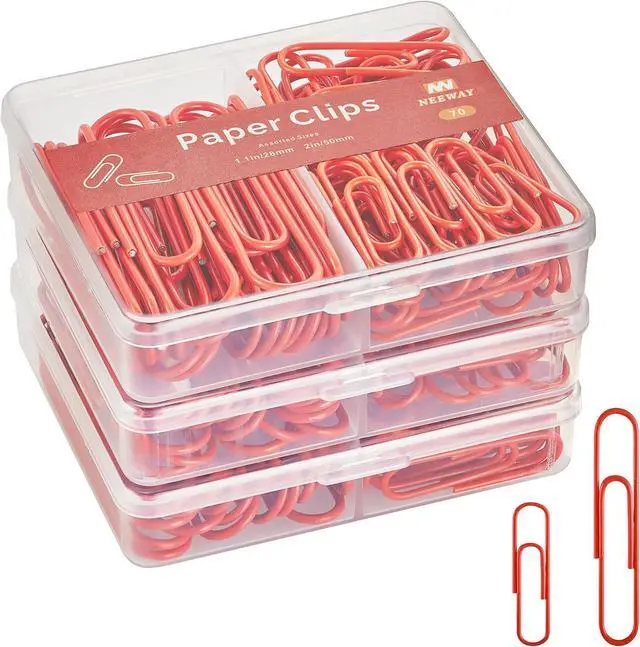 Main image of NEEWAY Colorful Paper Clips Assorted Sizes, Small and Large Paperclips, 210 Count, 3 Pack of 70 (Red)