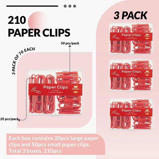 Alt view image 3 of 6 - NEEWAY Colorful Paper Clips Assorted Sizes, Small and Large Paperclips, 210 Count, 3 Pack of 70 (Red)