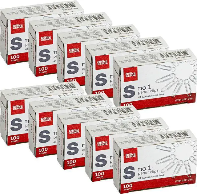 Main image of Office Depot® Brand Paper Clips, No. 1 Regular, Silver, 100 Clips Per Box, Pack of 10 Boxes