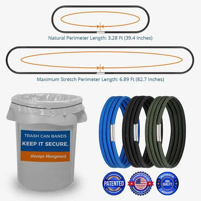 Alt view image 2 of 7 - Hongmed Trash Can Bands Set of 3, Fits 32 to 55 Gallon Cans, Large Elastic Rubber Bands for Kitchen/Office/Garage, Secure Garbage Bags(Black/Blue/Green)