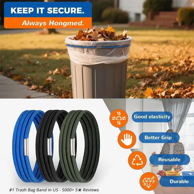 Alt view image 6 of 7 - Hongmed Trash Can Bands Set of 3, Fits 32 to 55 Gallon Cans, Large Elastic Rubber Bands for Kitchen/Office/Garage, Secure Garbage Bags(Black/Blue/Green)