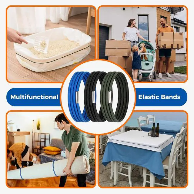 Alt view image 5 of 7 - Hongmed Trash Can Bands Set of 3, Fits 32 to 55 Gallon Cans, Large Elastic Rubber Bands for Kitchen/Office/Garage, Secure Garbage Bags(Black/Blue/Green)