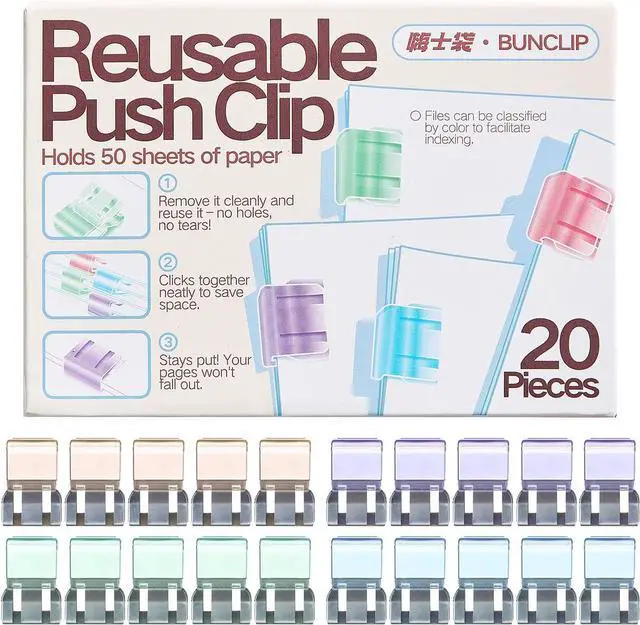 Main image of Push Paper & Binder Clips, 20 Pack 50 Sheet Heavy Duty No Damage | Reusable medium clamps with mark-free design. Ideal for office, school, home organization and daily paperwork sorting.