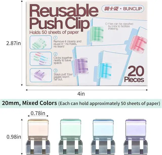 Alt view image 2 of 7 - Push Paper & Binder Clips, 20 Pack 50 Sheet Heavy Duty No Damage | Reusable medium clamps with mark-free design. Ideal for office, school, home organization and daily paperwork sorting.
