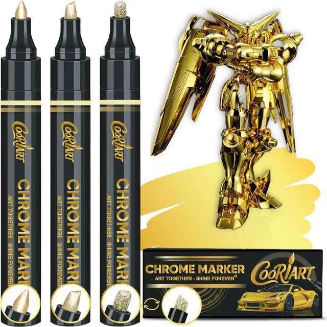 Main image of 3PK Liquid Gold Chrome Paint Markers, Metallic Mirror Gold Pens | 1mm, 2mm & 3mm Reversible Tip Permanent High Gloss Markers for Metal, Plastic, Fabric, Model Painting, Touch-Up & Repair Kit