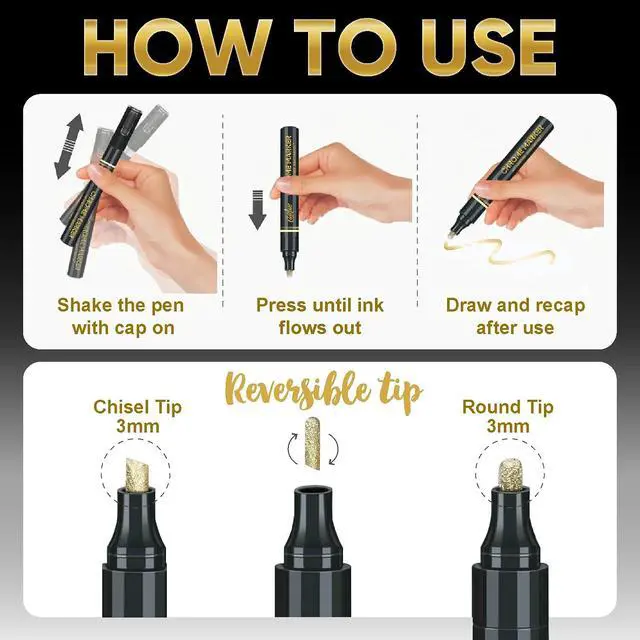 Alt view image 3 of 6 - 3PK Liquid Gold Chrome Paint Markers, Metallic Mirror Gold Pens | 1mm, 2mm & 3mm Reversible Tip Permanent High Gloss Markers for Metal, Plastic, Fabric, Model Painting, Touch-Up & Repair Kit