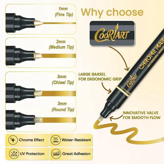 Alt view image 2 of 6 - 3PK Liquid Gold Chrome Paint Markers, Metallic Mirror Gold Pens | 1mm, 2mm & 3mm Reversible Tip Permanent High Gloss Markers for Metal, Plastic, Fabric, Model Painting, Touch-Up & Repair Kit