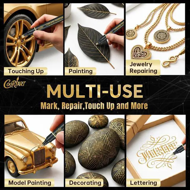 Alt view image 4 of 6 - 3PK Liquid Gold Chrome Paint Markers, Metallic Mirror Gold Pens | 1mm, 2mm & 3mm Reversible Tip Permanent High Gloss Markers for Metal, Plastic, Fabric, Model Painting, Touch-Up & Repair Kit