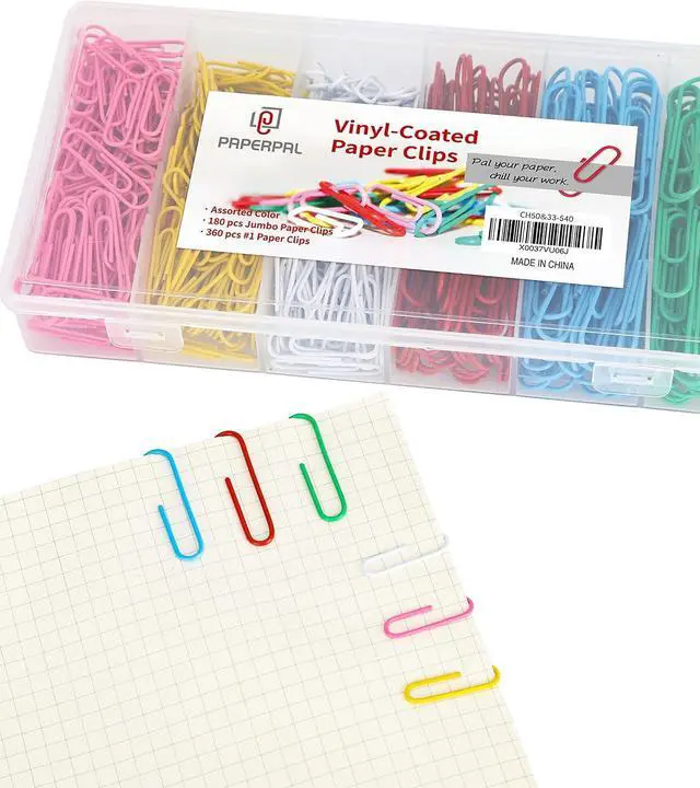 Main image of PAPERPAL Paper Clips, 2 in (50 mm) & 1-2/7 in (33 mm), 540, Assorted Colors | Vinyl-coated large and medium paper clips for office, school and personal use; 180 jumbo, 360 #1, 6-compartment box.