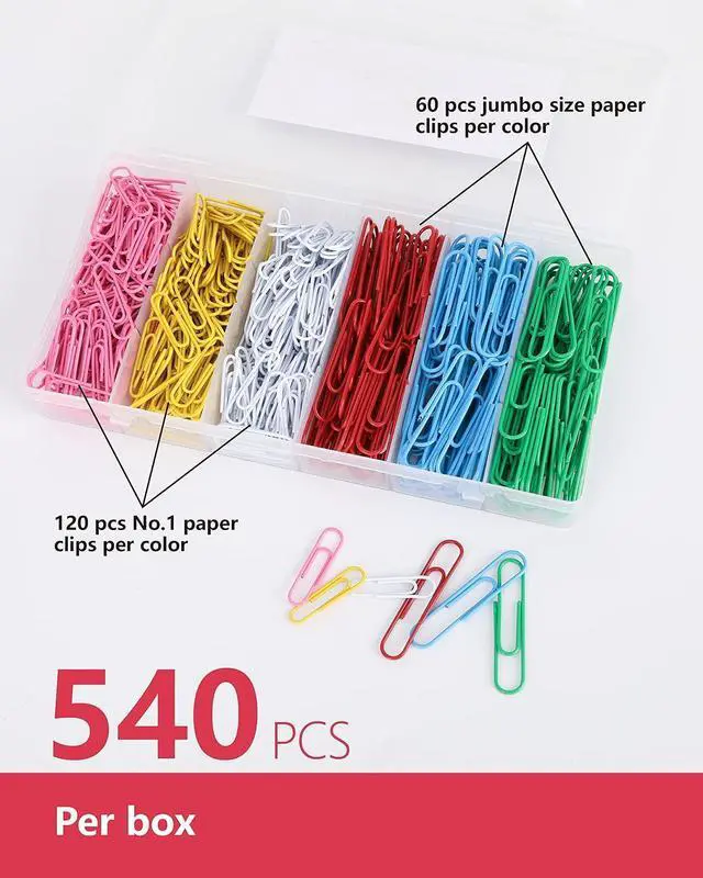Alt view image 3 of 7 - PAPERPAL Paper Clips, 2 in (50 mm) & 1-2/7 in (33 mm), 540, Assorted Colors | Vinyl-coated large and medium paper clips for office, school and personal use; 180 jumbo, 360 #1, 6-compartment box.