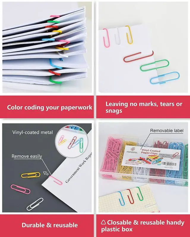 Alt view image 4 of 7 - PAPERPAL Paper Clips, 2 in (50 mm) & 1-2/7 in (33 mm), 540, Assorted Colors | Vinyl-coated large and medium paper clips for office, school and personal use; 180 jumbo, 360 #1, 6-compartment box.