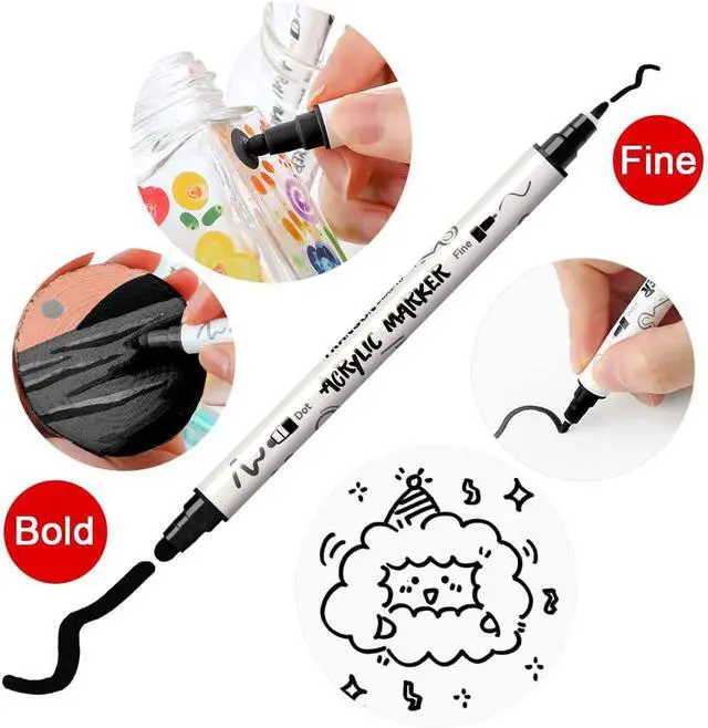 Alt view image 3 of 7 - TRANSON 4 Black and 4 White Paint Markers Bold and Fine Dual-tip Acrylic Paint Marker Set for Rock Painting Glass Canvas Wood Leather Ceramic Painting