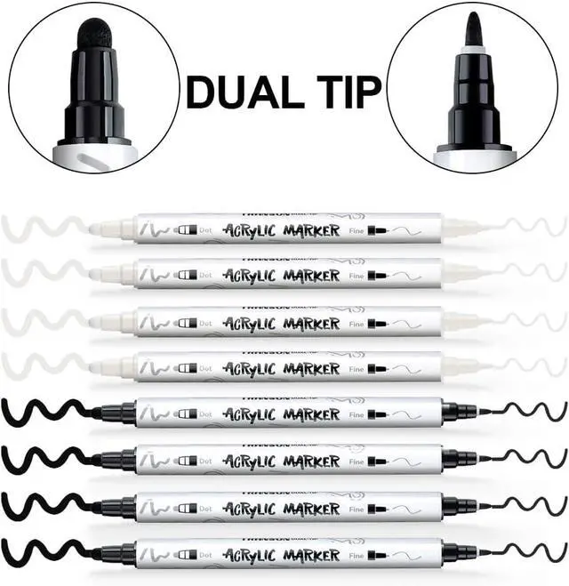 Alt view image 4 of 7 - TRANSON 4 Black and 4 White Paint Markers Bold and Fine Dual-tip Acrylic Paint Marker Set for Rock Painting Glass Canvas Wood Leather Ceramic Painting