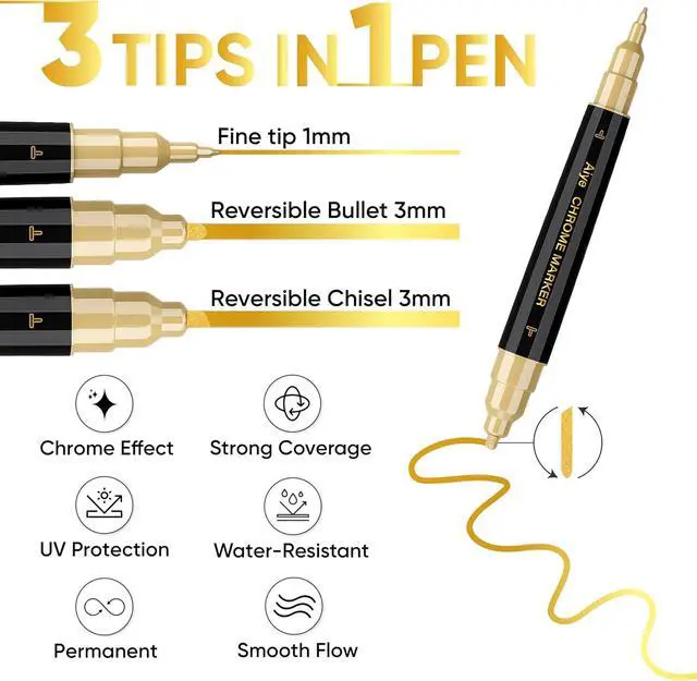 Alt view image 2 of 6 - 2PK Dual Tip Liquid Gold Chrome Paint Markers, Mirror Gold Pens | 1mm & 2-5mm Reversible Tips Permanent Metallic High Gloss Marker for Metal, Plastic, Fabric, Model, Touch-Up & Repair Kit