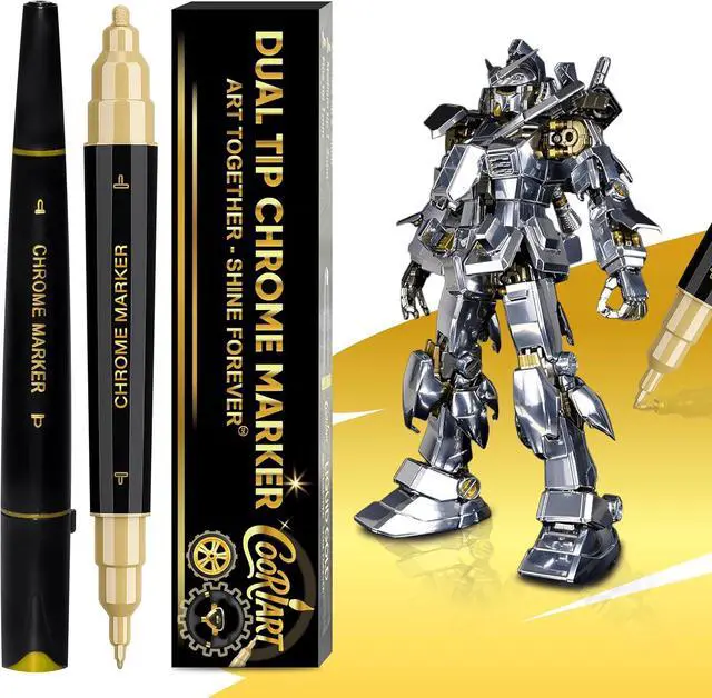 Main image of 2PK Dual Tip Liquid Gold Chrome Paint Markers, Mirror Gold Pens | 1mm & 2-5mm Reversible Tips Permanent Metallic High Gloss Marker for Metal, Plastic, Fabric, Model, Touch-Up & Repair Kit