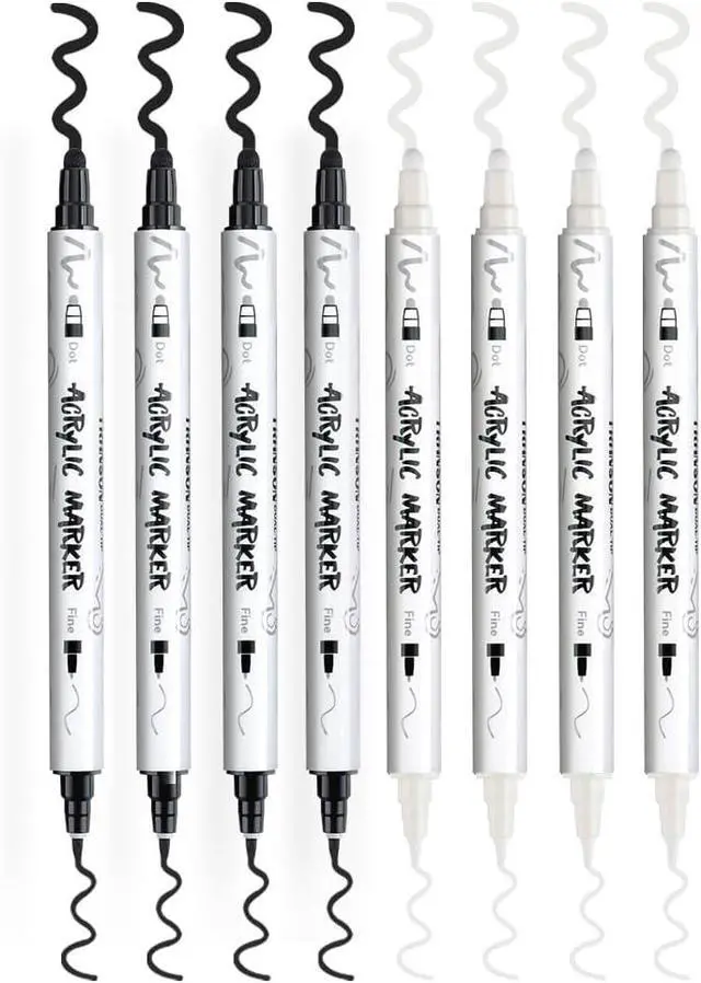 Alt view image 7 of 7 - TRANSON 4 Black and 4 White Paint Markers Bold and Fine Dual-tip Acrylic Paint Marker Set for Rock Painting Glass Canvas Wood Leather Ceramic Painting