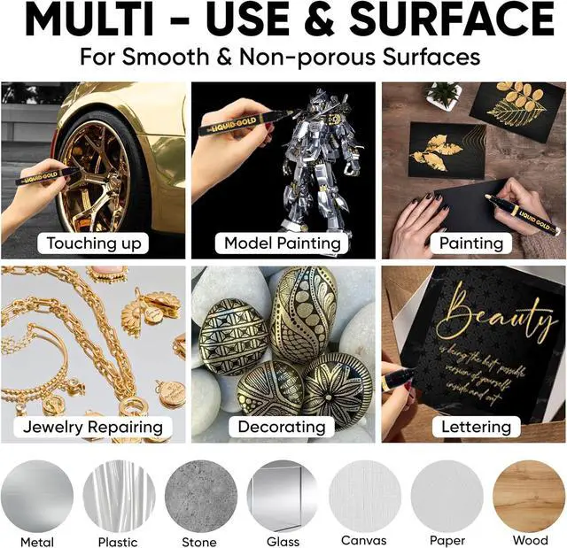 Alt view image 4 of 6 - 2PK Dual Tip Liquid Gold Chrome Paint Markers, Mirror Gold Pens | 1mm & 2-5mm Reversible Tips Permanent Metallic High Gloss Marker for Metal, Plastic, Fabric, Model, Touch-Up & Repair Kit