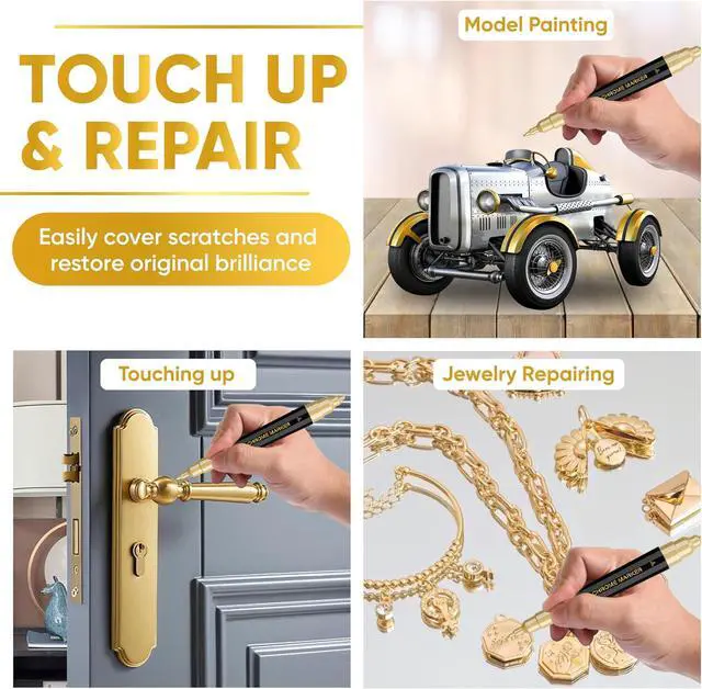 Alt view image 3 of 6 - 2PK Dual Tip Liquid Gold Chrome Paint Markers, Mirror Gold Pens | 1mm & 2-5mm Reversible Tips Permanent Metallic High Gloss Marker for Metal, Plastic, Fabric, Model, Touch-Up & Repair Kit
