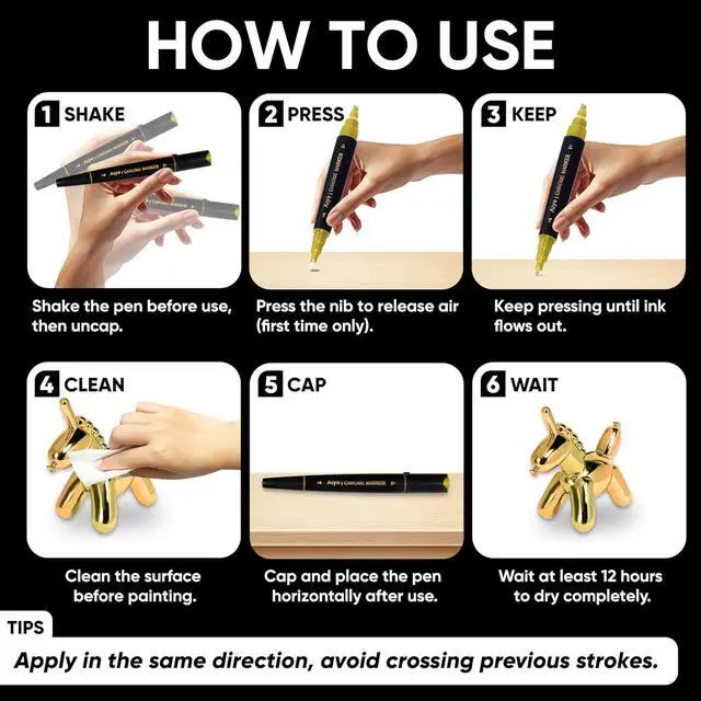 Alt view image 5 of 6 - 2PK Dual Tip Liquid Gold Chrome Paint Markers, Mirror Gold Pens | 1mm & 2-5mm Reversible Tips Permanent Metallic High Gloss Marker for Metal, Plastic, Fabric, Model, Touch-Up & Repair Kit