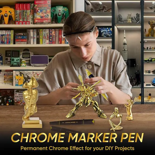Alt view image 6 of 6 - 2PK Dual Tip Liquid Gold Chrome Paint Markers, Mirror Gold Pens | 1mm & 2-5mm Reversible Tips Permanent Metallic High Gloss Marker for Metal, Plastic, Fabric, Model, Touch-Up & Repair Kit
