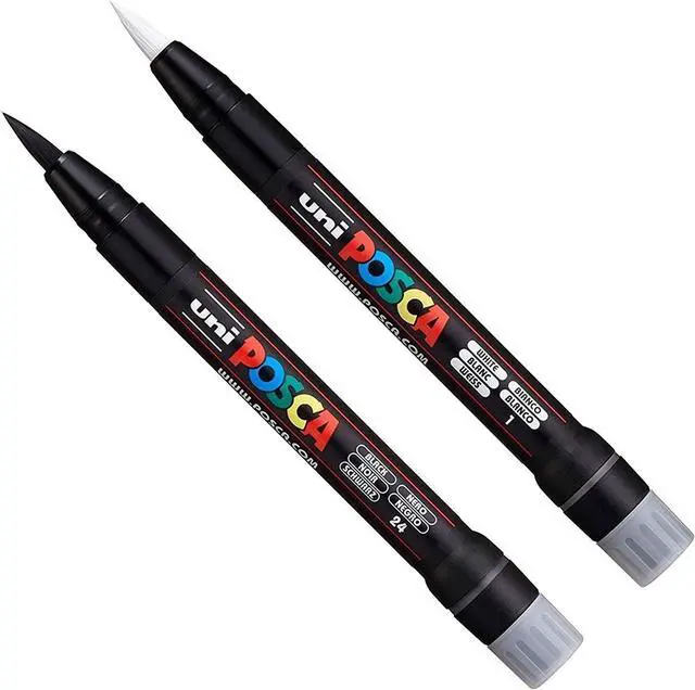 Main image of POSCA Uni PCF-350 Brush Tip Paint Marker Pen - Fabric, Glass, Metal - Black & White Set (1 of Each)