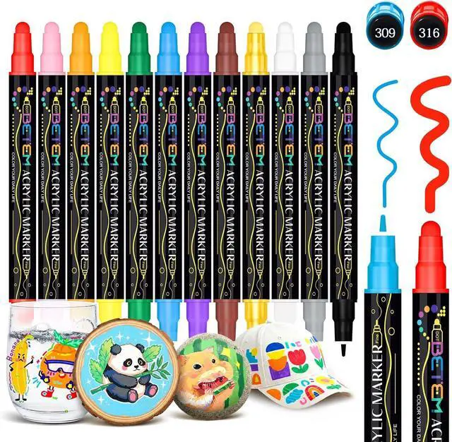 Main image of Betem 12 Colors Dual Tip Acrylic Paint Markers, Fabric Decorating Kits | Premium Water-Based Acrylic Paint Pens Art Supplies for Fabric, Rock, Wood, Glass, Canvas, Ceramic, School Supplies