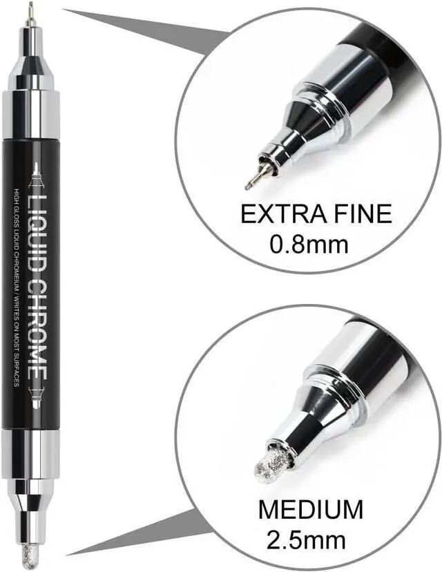 Main image of ZEYAR Liquid Chrome Marker Paint Marker, DIY Silver Marker Pen for most surfaces, High-gloss display effects, Dual tips: Extra Fine and Medium Point (0.7mm & 2mm Sized Tips) (1)