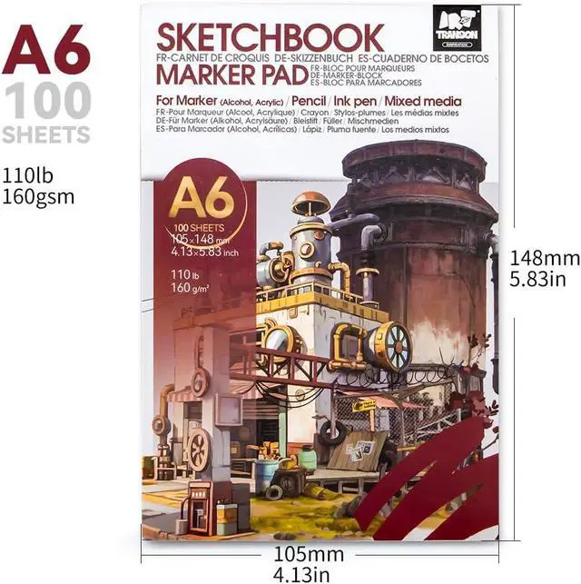 Alt view image 4 of 7 - TRANSON 2 Pack A6 Mini Sketchbook Marker Pad, 110lb/160gsm Heavyweight Art Paper, No Bleed Through, 100 Sheets/200 Pages 4.13"x5.83" for Drawing & Sketching