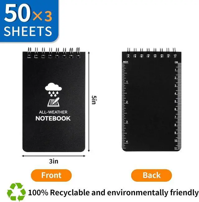 Alt view image 2 of 7 - 3 Pack Waterproof Notebook, 3 x 5 Pocket Notepad, All Weather Small Pocket | Notebook Paper, Mini Spiral Notepad Police Notepad 100 Lined Pages for Outdoor Office