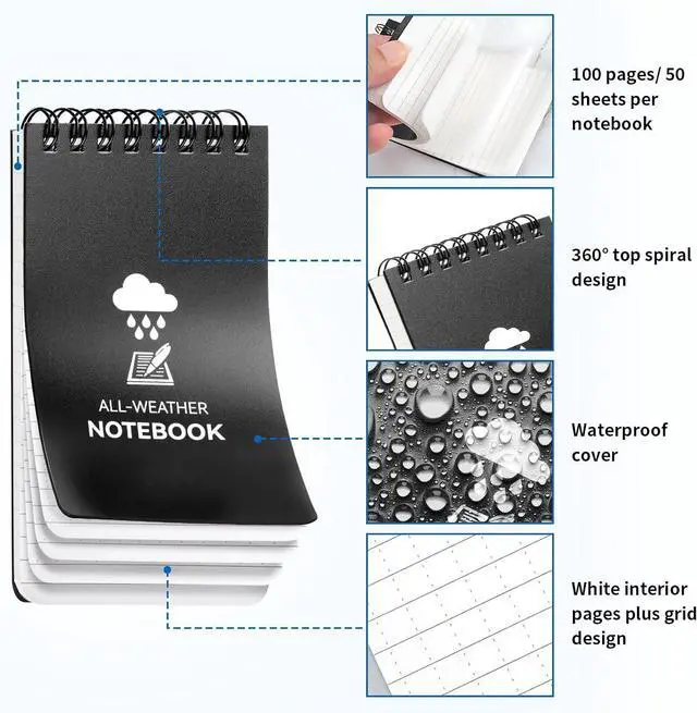Alt view image 4 of 7 - 3 Pack Waterproof Notebook, 3 x 5 Pocket Notepad, All Weather Small Pocket | Notebook Paper, Mini Spiral Notepad Police Notepad 100 Lined Pages for Outdoor Office