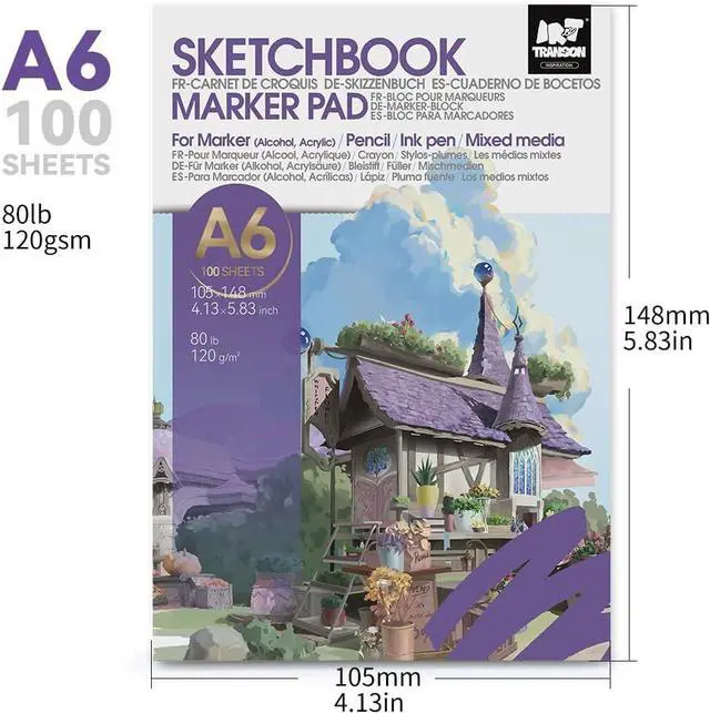 Alt view image 4 of 7 - TRANSON A6 Mini Sketchbook Marker Pad, 80lb/120gsm Heavyweight Art Paper, No Bleed Through, 100 Sheets/200 Pages 4.13"x5.83" for Drawing & Sketching
