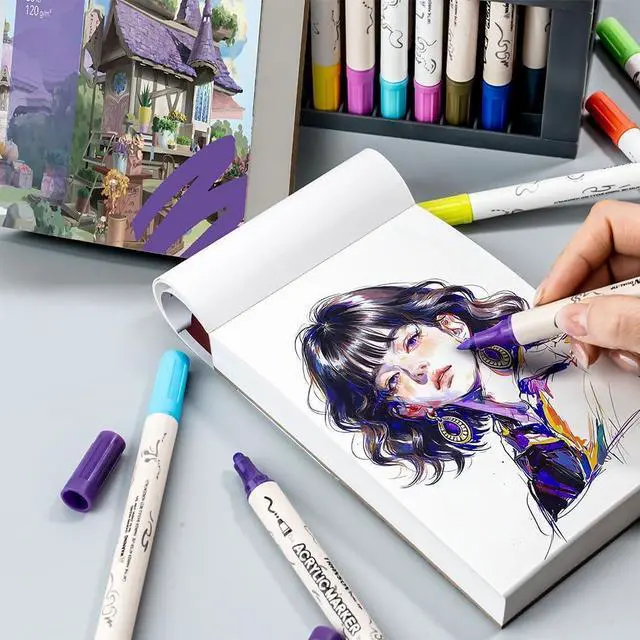 Alt view image 6 of 7 - TRANSON A6 Mini Sketchbook Marker Pad, 80lb/120gsm Heavyweight Art Paper, No Bleed Through, 100 Sheets/200 Pages 4.13"x5.83" for Drawing & Sketching