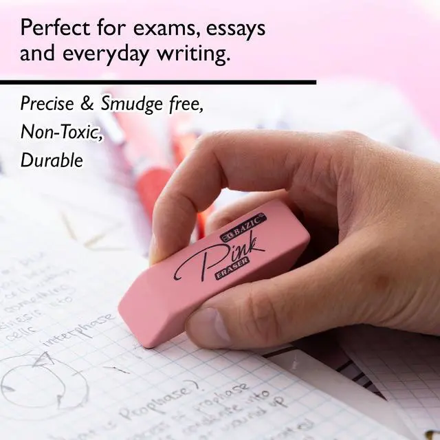 Alt view image 3 of 7 - BAZIC Eraser Sets Eraser, Pink (2233) | Latex-free and PVC-free, Pink block erasers plus 12 pencil-top eraser caps, Clean erase, School, Home
