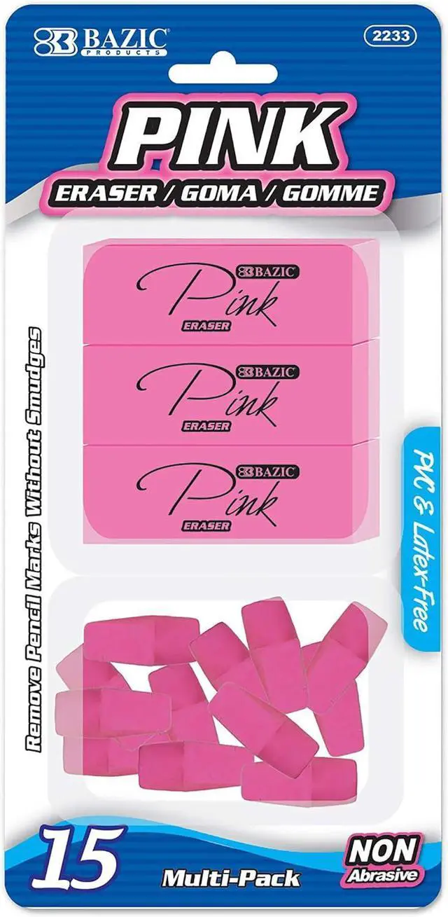 Main image of BAZIC Eraser Sets Eraser, Pink (2233) | Latex-free and PVC-free, Pink block erasers plus 12 pencil-top eraser caps, Clean erase, School, Home