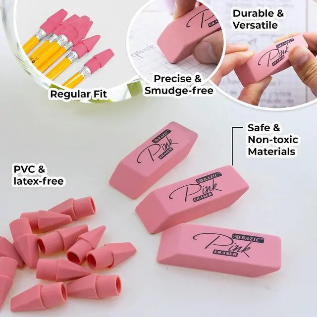 Alt view image 4 of 7 - BAZIC Eraser Sets Eraser, Pink (2233) | Latex-free and PVC-free, Pink block erasers plus 12 pencil-top eraser caps, Clean erase, School, Home