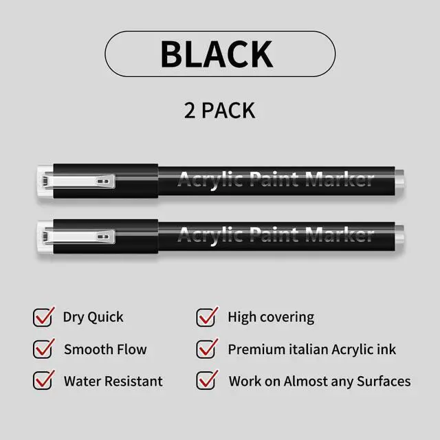 Alt view image 2 of 7 - 2 Pack Black Acrylic Paint Pens, 0.7mm Extra Fine Tip, Water Based Acrylic Markers for Wood, Paper, Rock Painting, Stone