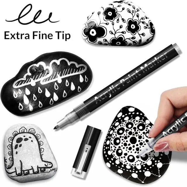 Alt view image 4 of 7 - 2 Pack Black Acrylic Paint Pens, 0.7mm Extra Fine Tip, Water Based Acrylic Markers for Wood, Paper, Rock Painting, Stone