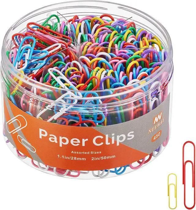 Main image of NEEWAY 450pcs Paper Clips Assorted Sizes, Small and Large Paper Clips (1.1 inch, 2 inch), Coated Paperclips for Office School Document Organizing (Multicolor)