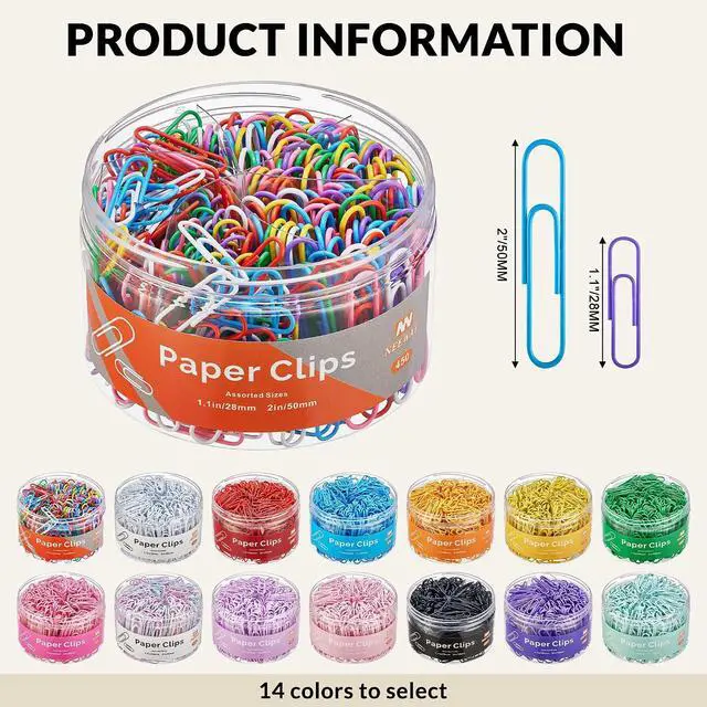 Alt view image 2 of 6 - NEEWAY 450pcs Paper Clips Assorted Sizes, Small and Large Paper Clips (1.1 inch, 2 inch), Coated Paperclips for Office School Document Organizing (Multicolor)