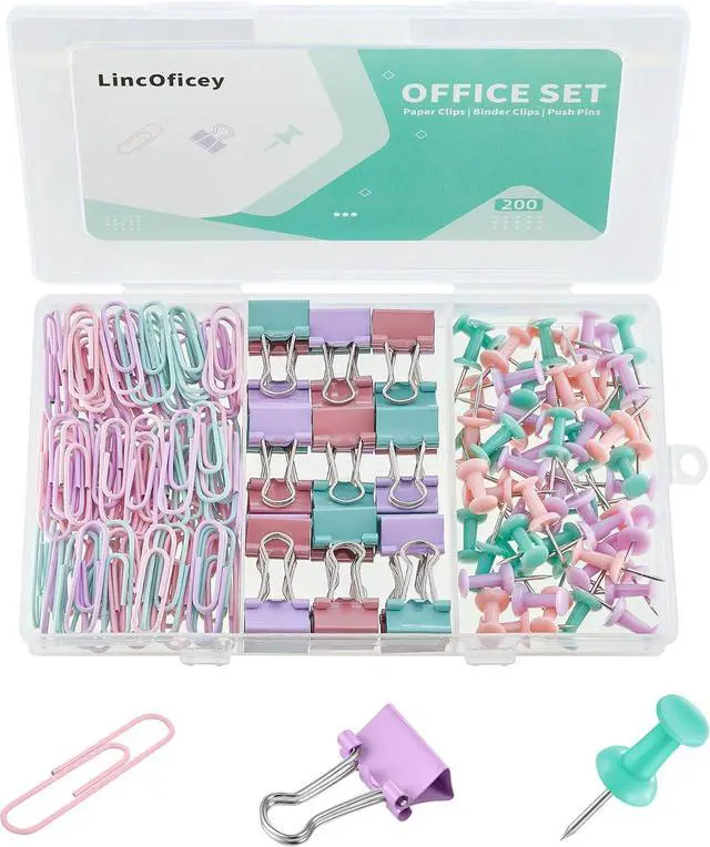 Main image of 200pcs Paper Clips Binder Clips and Push Pins Set, Mini Clips and Thumb Tacks for Multipurpose Document Organization (Multicolor)