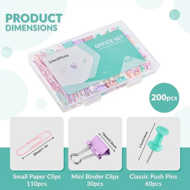 Alt view image 2 of 6 - 200pcs Paper Clips Binder Clips and Push Pins Set, Mini Clips and Thumb Tacks for Multipurpose Document Organization (Multicolor)