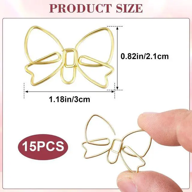 Alt view image 2 of 7 - 15pcs Mini Bow Shape Paper Clips, Gold Fancy Paperclips | Cute Bowknot Metal Bookmarks, Decorative Paper Clamps Holders for Document, Office, Home