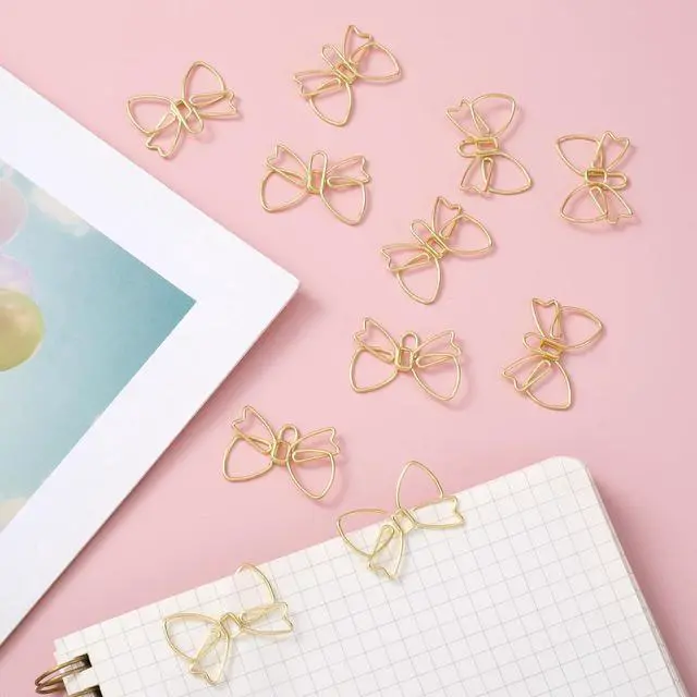 Alt view image 3 of 7 - 15pcs Mini Bow Shape Paper Clips, Gold Fancy Paperclips | Cute Bowknot Metal Bookmarks, Decorative Paper Clamps Holders for Document, Office, Home