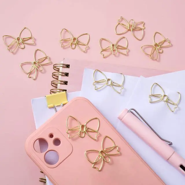 Alt view image 4 of 7 - 15pcs Mini Bow Shape Paper Clips, Gold Fancy Paperclips | Cute Bowknot Metal Bookmarks, Decorative Paper Clamps Holders for Document, Office, Home