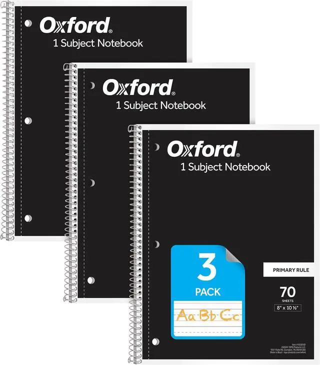 Main image of Oxford Primary Ruled Spiral Notebooks, Writing/Drawing Practice for Kids, Grades Pre-K, K-2, 70 Sheets, 8 x 10.5 Inches, Black, 3 Pack (1002542)