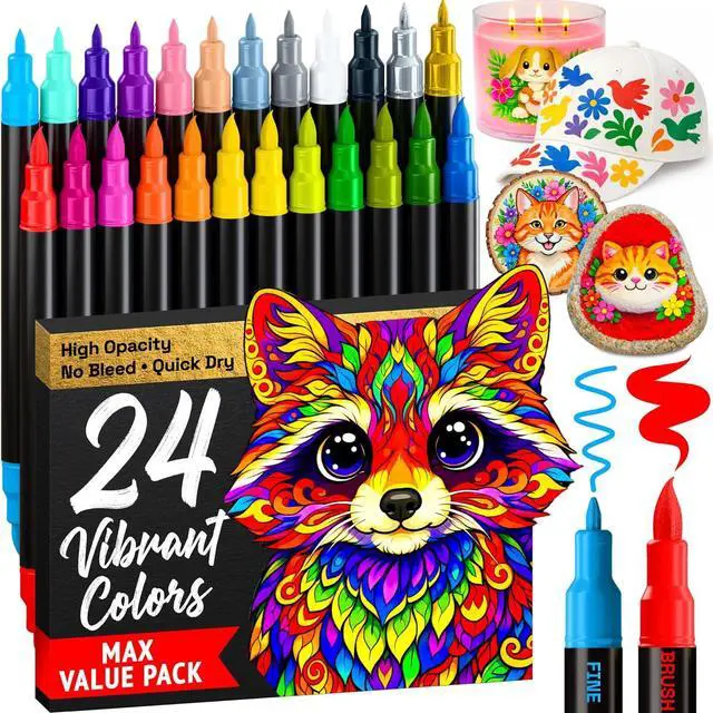 Main image of ARTISTRO 24 Dual-Tip Acrylic Paint Marker Pens for Drawing | For Fabric, Rock, Glass, Wood, & Molds, Arts & Crafts Gift for Adults, Teens, & Kids, Classroom Must Haves & School Supplies