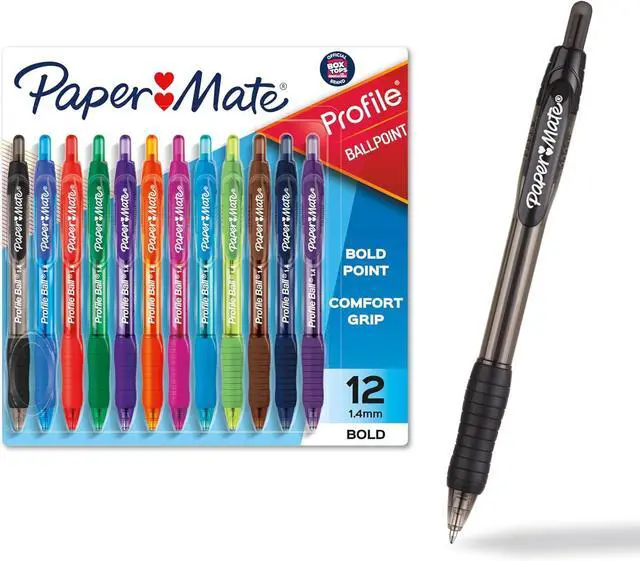 Main image of Paper Mate Profile Retractable Ballpoint Pens, Bold Point (1.4mm), Assorted Colors, 12 Count - Back to School, Office, Teacher Supplies