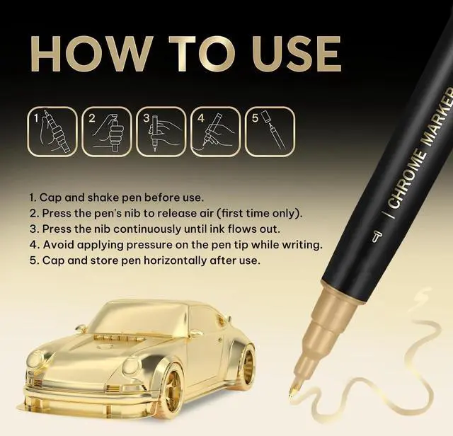 Alt view image 3 of 6 - 1PK Dual Tip Liquid Gold Chrome Paint Marker, Mirror Gold Pen | 1mm & 2-5mm Reversible Tips Permanent Metallic High Gloss Marker for Metal, Plastic, Fabric, Model, Touch-Up & Repair Kit
